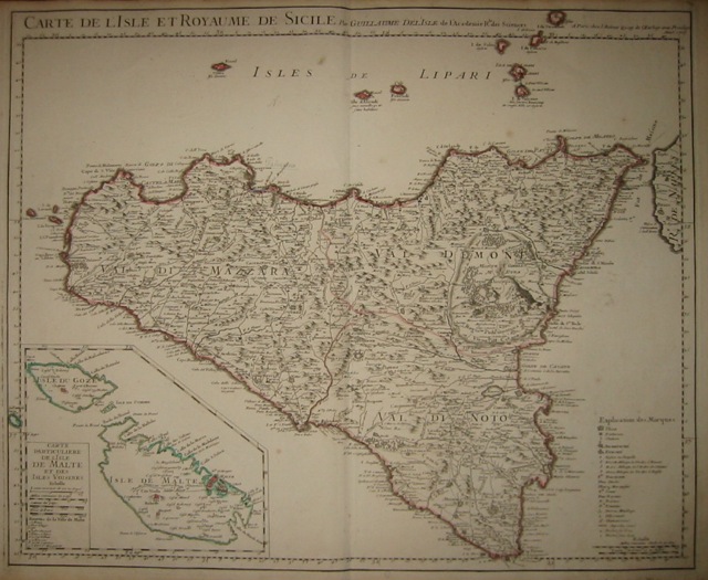 De l'Isle Guillaume (1675-1726) Carte de l'Isle et Royaume de Sicile 1720 ca. Parigi